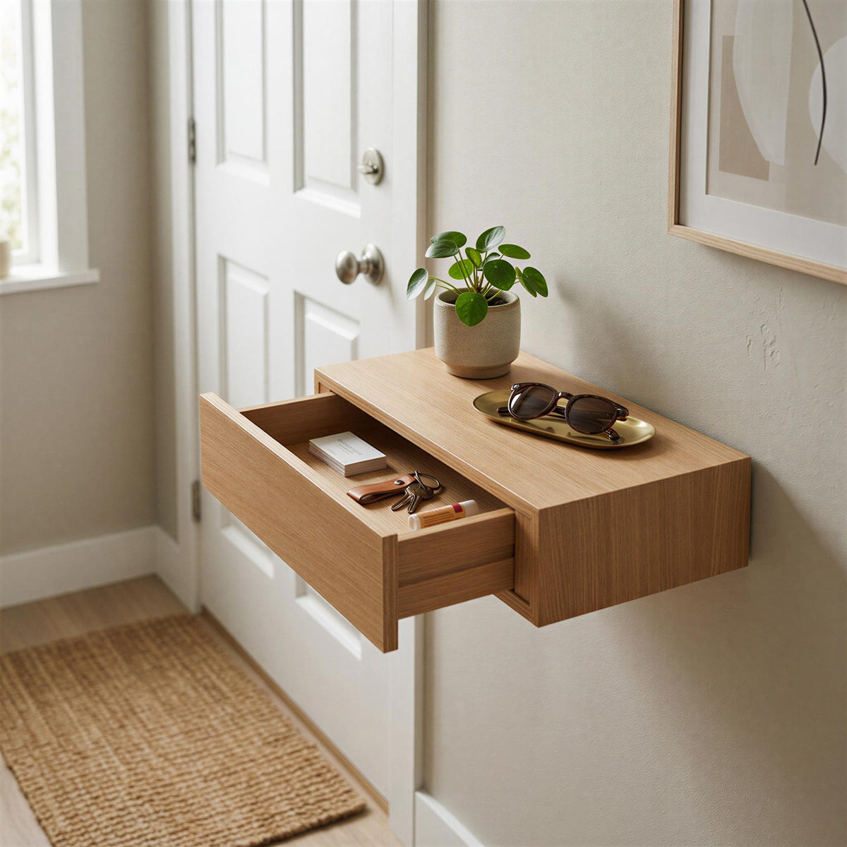 Wooden Floating Shelf with Drawer - 40cm - Light Oak