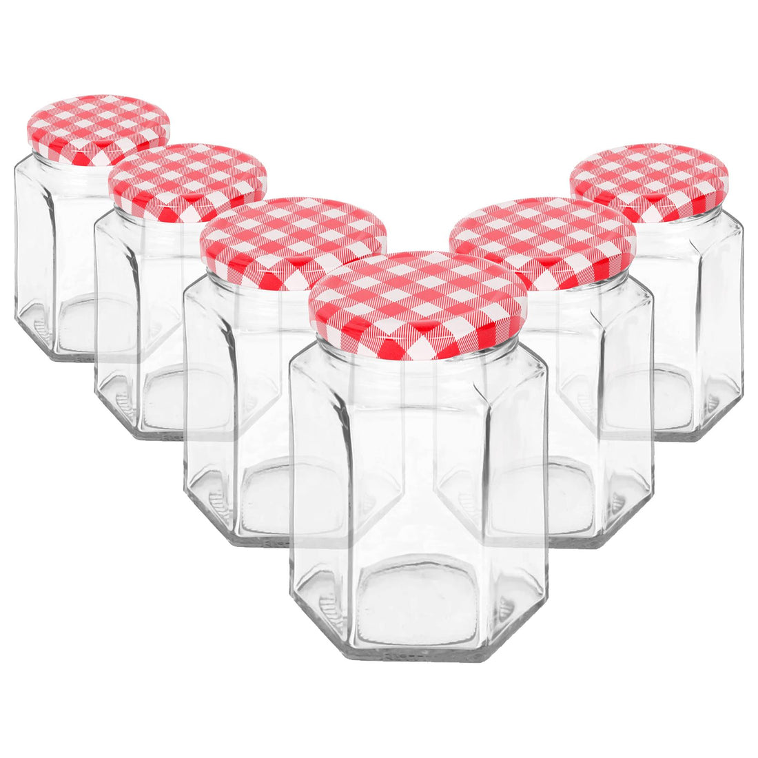 250ml Hexagonal Glass Jam Jars with Red Gingham Lids - Pack of 6