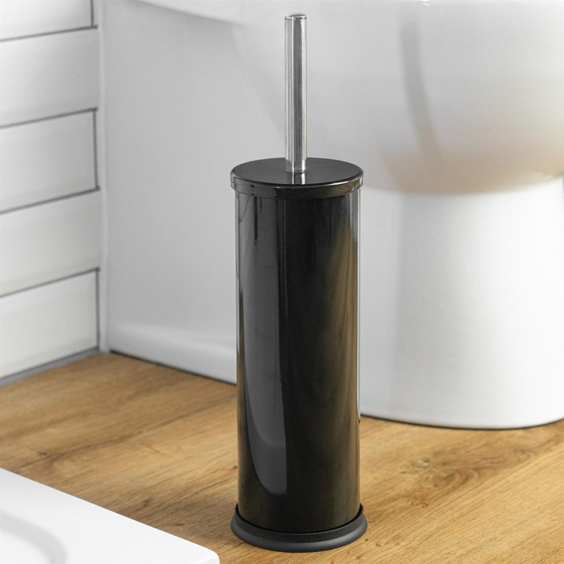 Black Round Stainless Steel Toilet Brush &amp; Holder