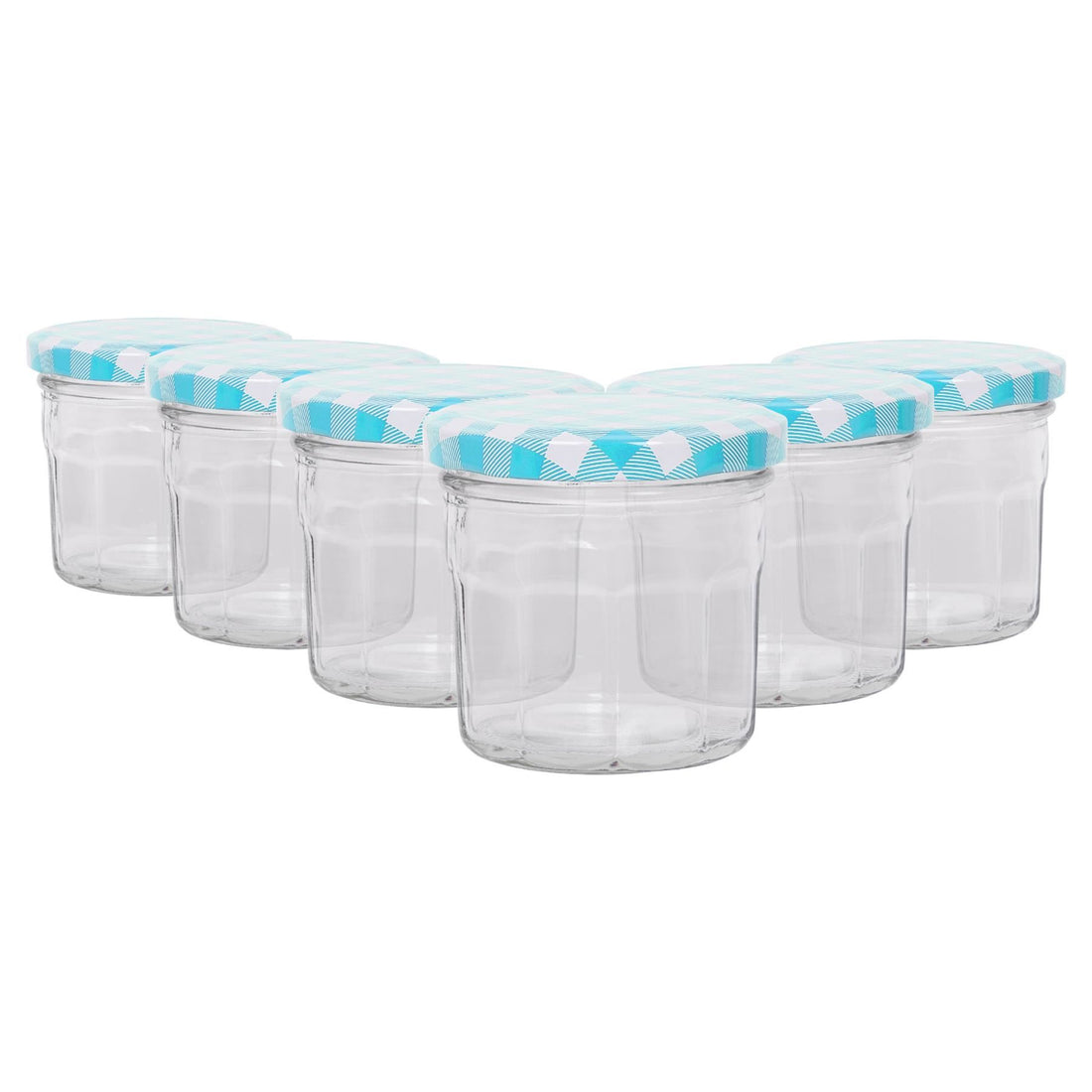 130ml Octagonal Glass Jam Jars with Blue Gingham Lids - Pack of 6