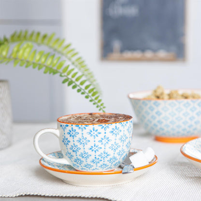 250ml Blue Hand-Printed Stoneware Cappuccino Cups - Pack of Six