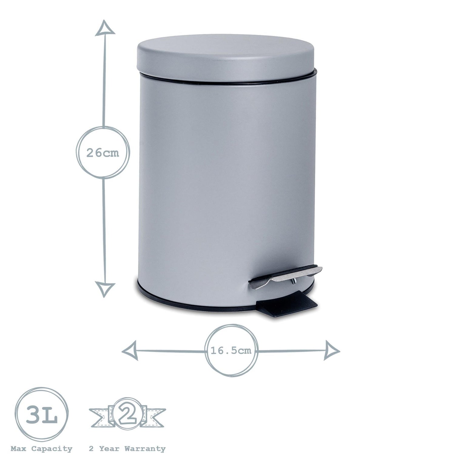 3L Grey Round Stainless Steel Bathroom Pedal Bin