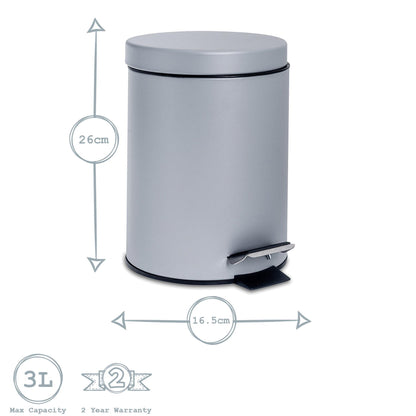 3L Grey Round Stainless Steel Bathroom Pedal Bin