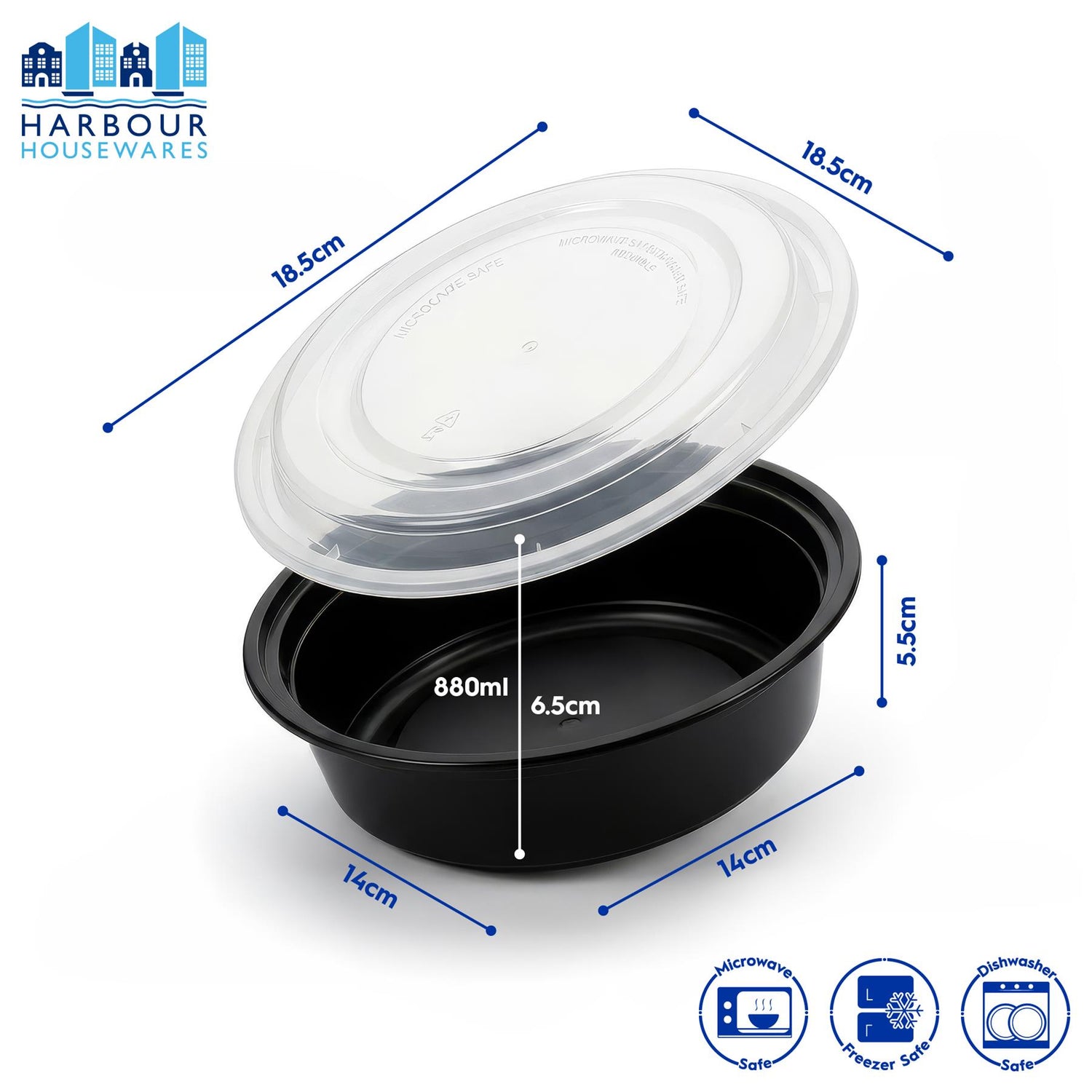 Round Reusable Meal Prep Containers - 1 Compartment (880ml) - Pack of 10