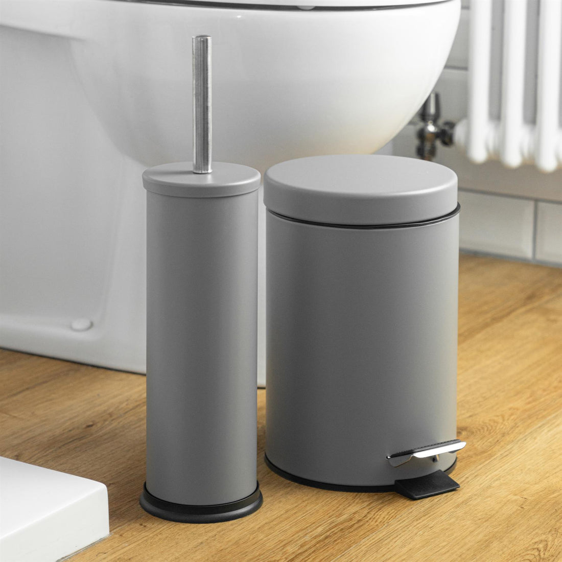 Grey Round Stainless Steel Toilet Brush &amp; Bin Set