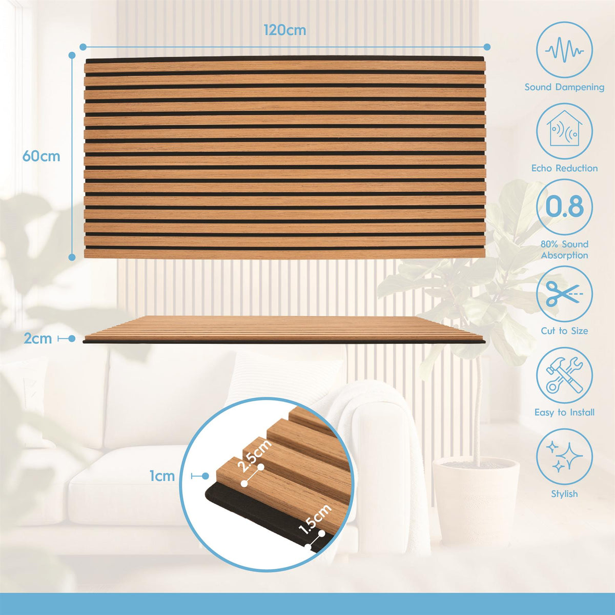 Wooden Acoustic Wall Panels - 120 x 60cm - Light Oak/Black - Pack of 2