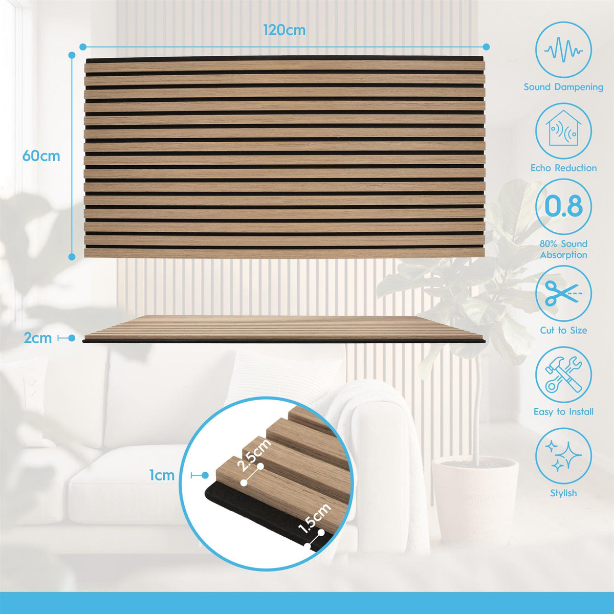 Wooden Acoustic Wall Panels - 120 x 60cm - Walnut/Black - Pack of 2
