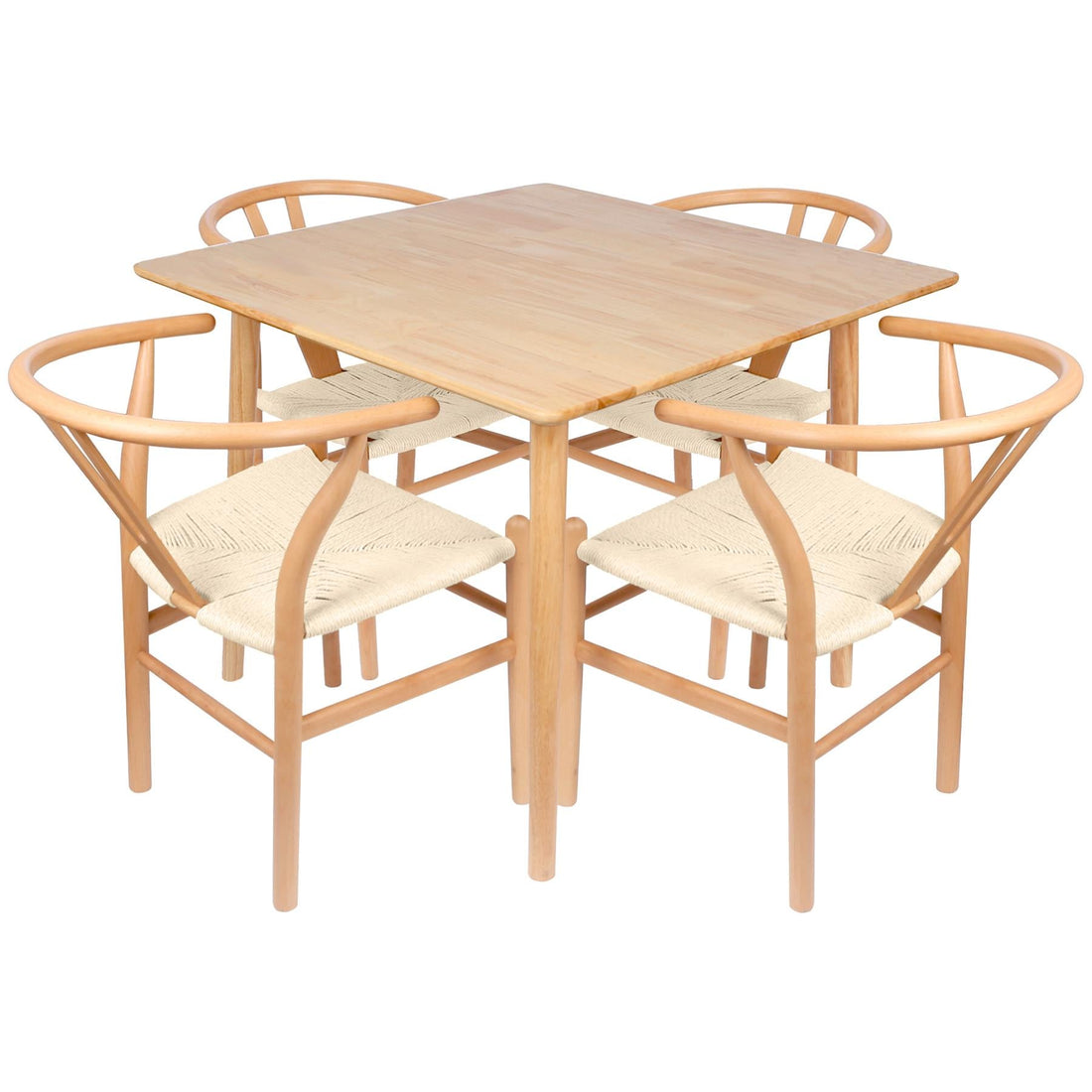 5pc 90cm Square Beige Wooden Table &amp; Beige Wishbone Chair Dining Set