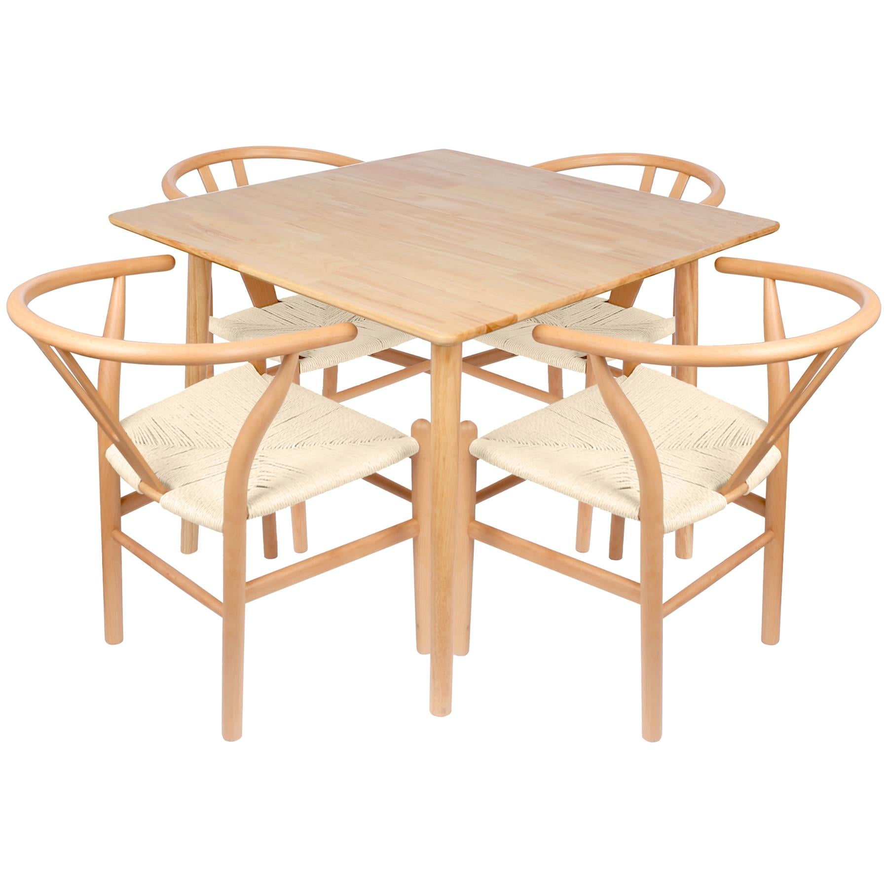 5pc 90cm Square Beige Wooden Table &amp; Beige Wishbone Chair Dining Set