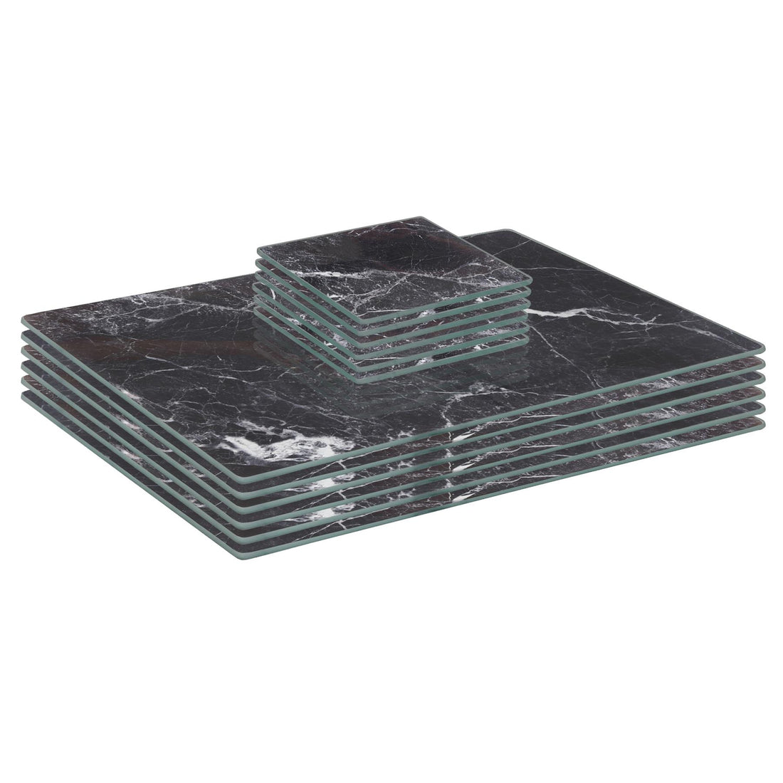 Black Marble-Effect 12-Piece Glass Placemat &amp; Coaster Set - 30cm x 20cm Rectangular Placemats &amp; Square Coasters