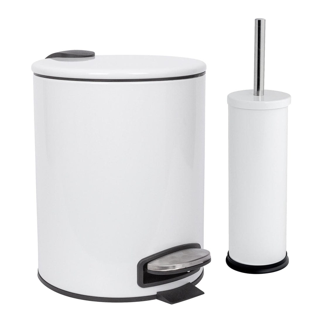 2pc 5L White Round Stainless Steel Pedal Bin &amp; Toilet Brush Set