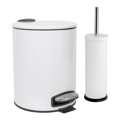 2pc 5L White Round Stainless Steel Pedal Bin &amp; Toilet Brush Set