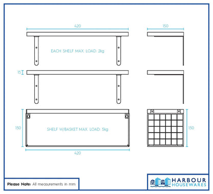 Set of 3 Rustic Wooden Bathroom Shelves with Wire Storage Basket