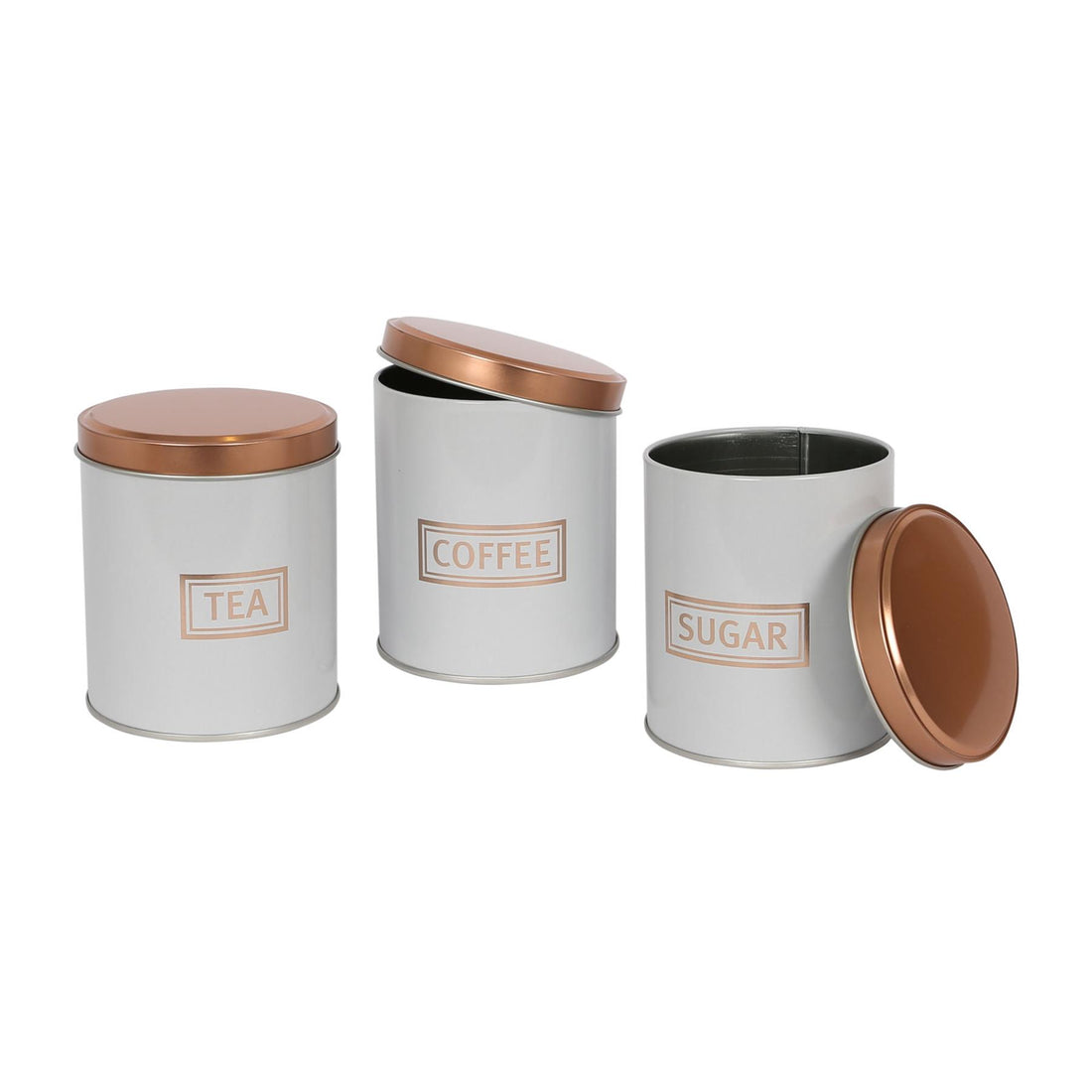 3pc Round Metal Tea Coffee Sugar White &amp; Copper Canister Set