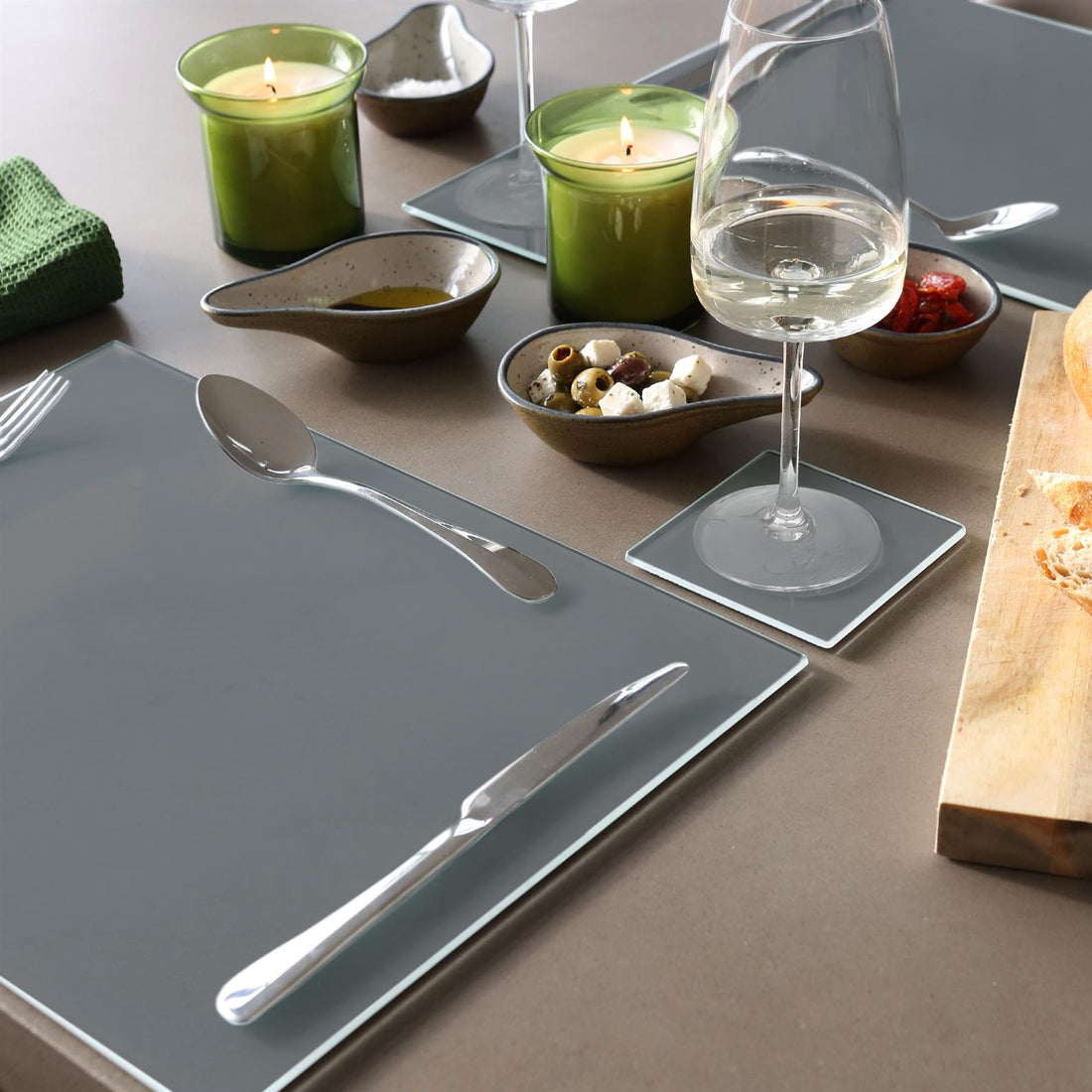 12pc 40cm x 30cm Grey Glass Placemats &amp; Coasters Set