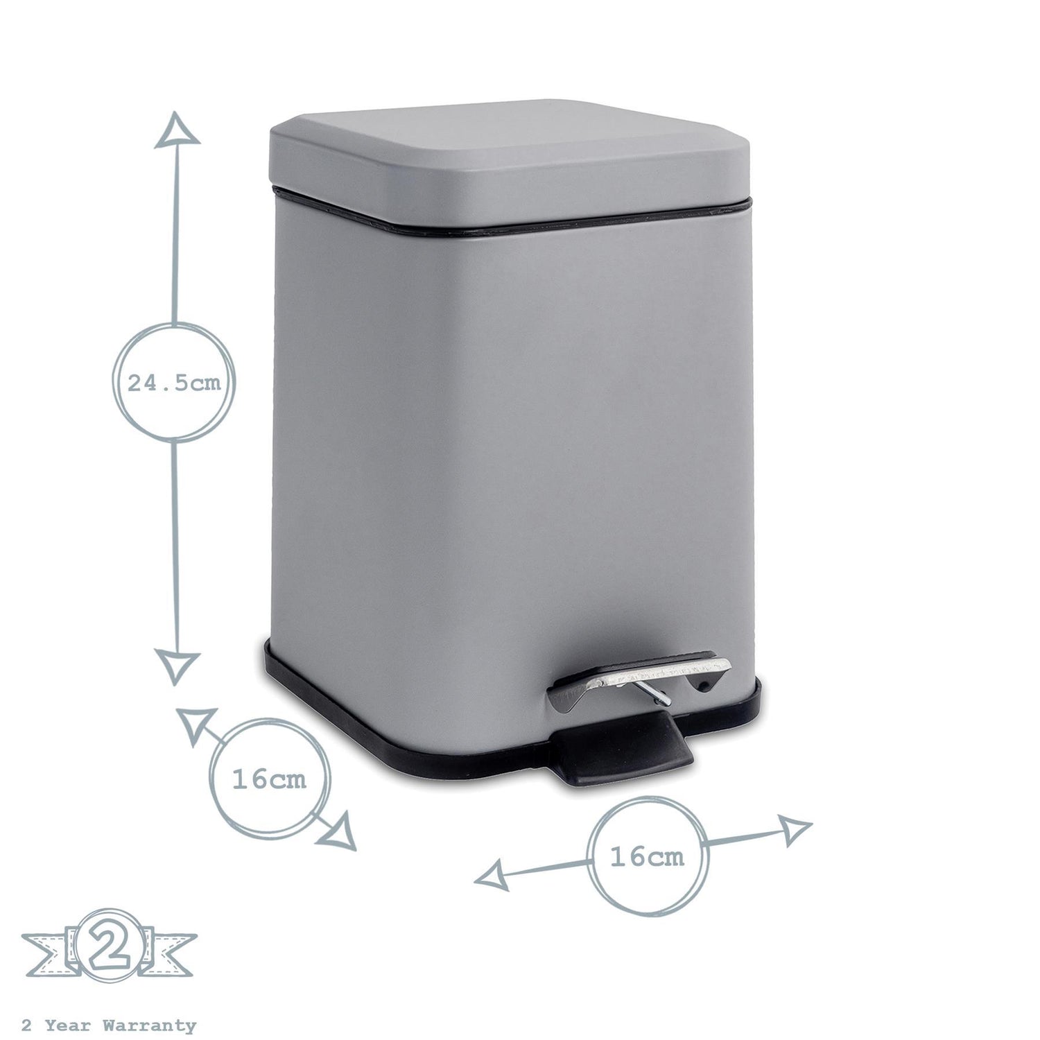 3L Matt Grey Square Bathroom Pedal Bin