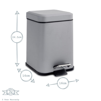 3L Matt Grey Square Bathroom Pedal Bin