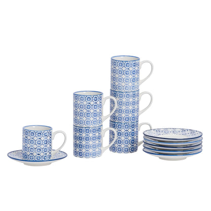 12pc 65ml Hand-Printed Stoneware Navy Espresso Cup &amp; Saucer Set