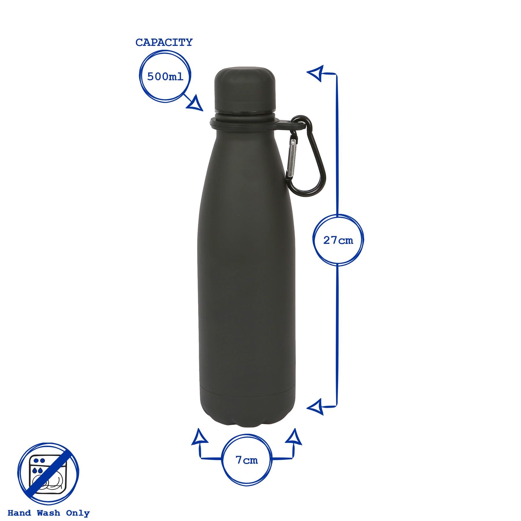 500ml Black Stainless Steel Water Bottle with Carabiner Clip