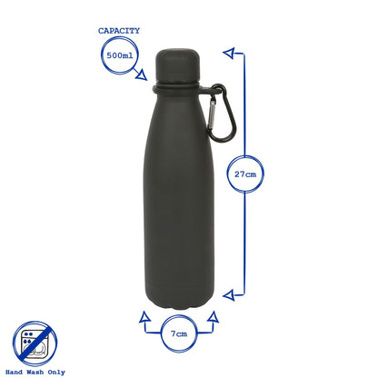 500ml Black Stainless Steel Water Bottle with Carabiner Clip