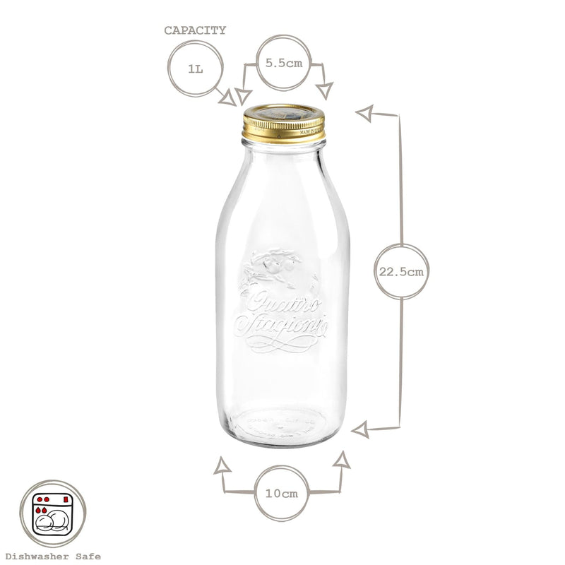 1L Quattro Stagioni Glass Bottles with Screw Top Lid - Pack of 3 - By Bormioli Rocco