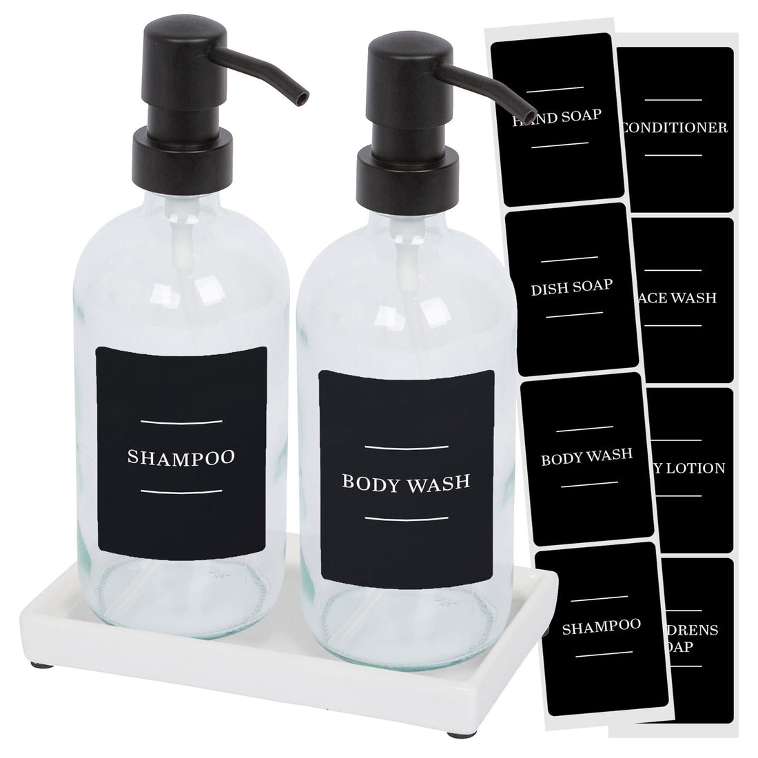 2pc 500ml Glass Soap Dispenser with Black Labels &amp; Ceramic Tray