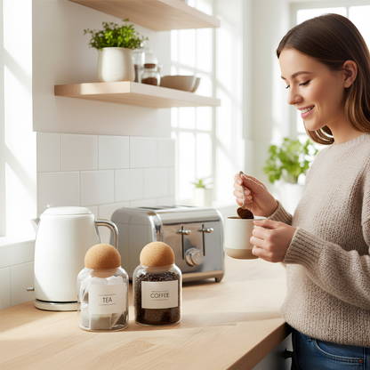 Cork Ball Glass Tea Coffee Sugar Jars Set