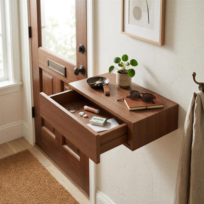 Wooden Floating Shelf with Drawer - 40cm - Walnut