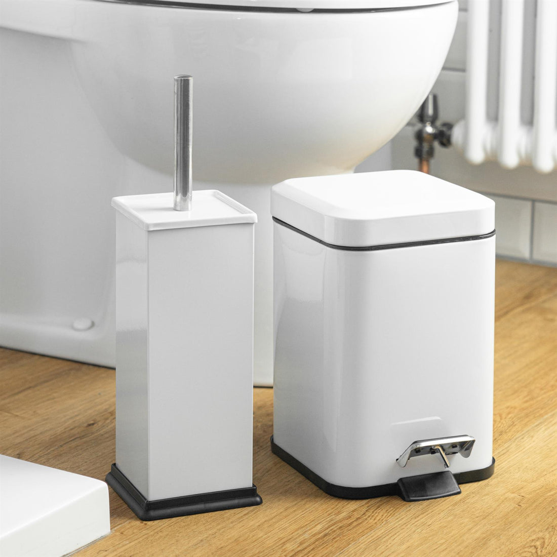 White Square Toilet Brush &amp; Bin Set