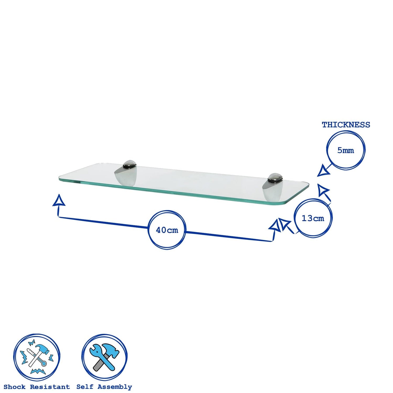 40cm Rounded Floating Glass Shelf with Gold Fixings
