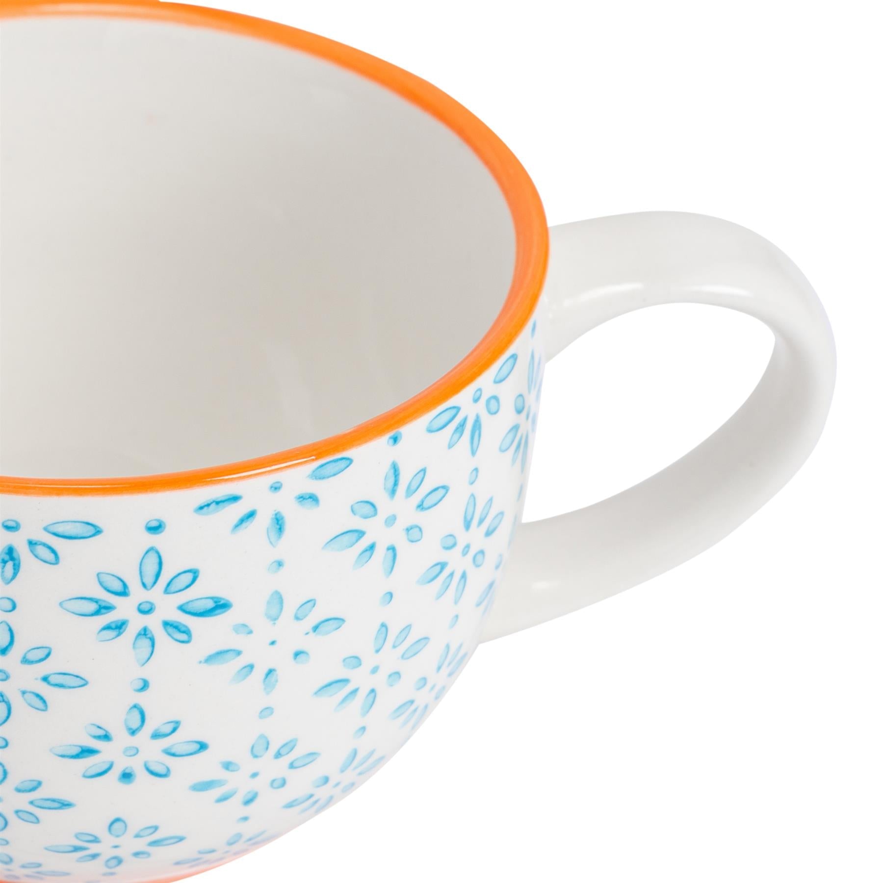 250ml Floral Hand-Printed Stoneware Cappuccino Cups - Pack of Six