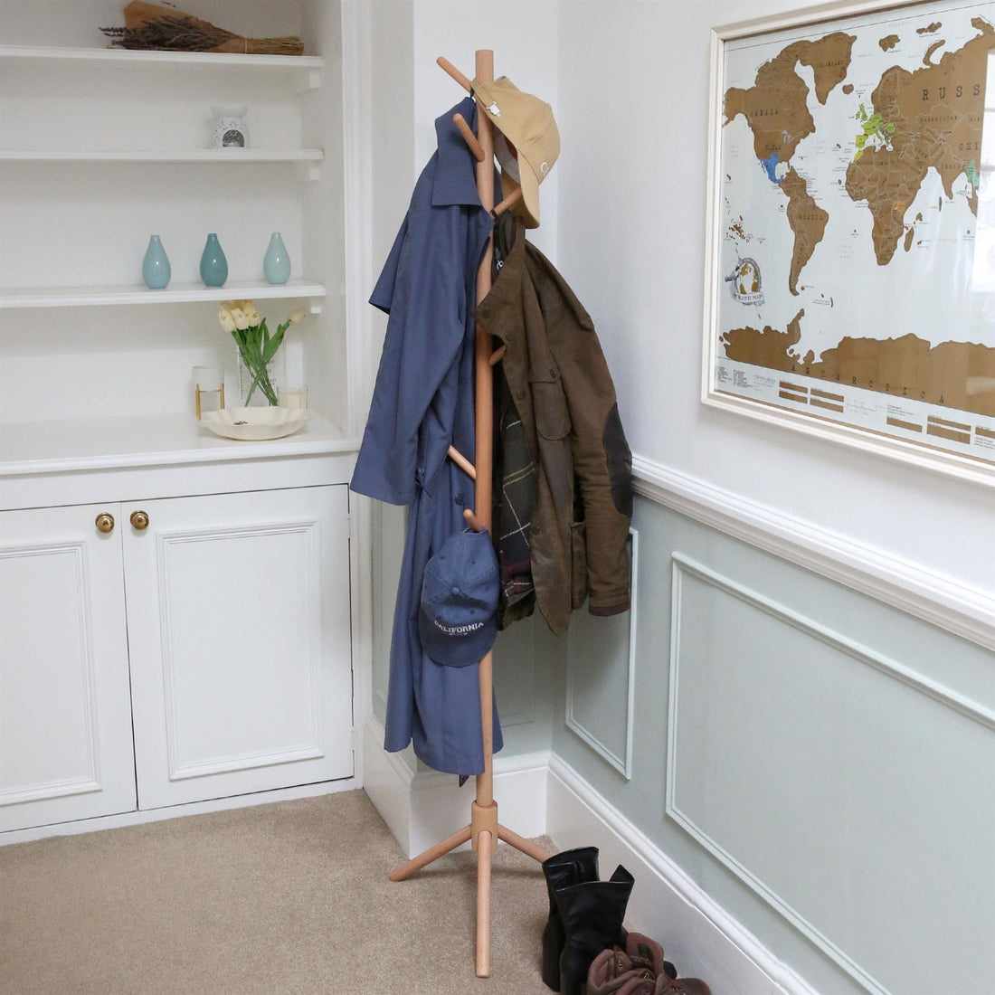 Beige Free-Standing Wooden Coat Rack