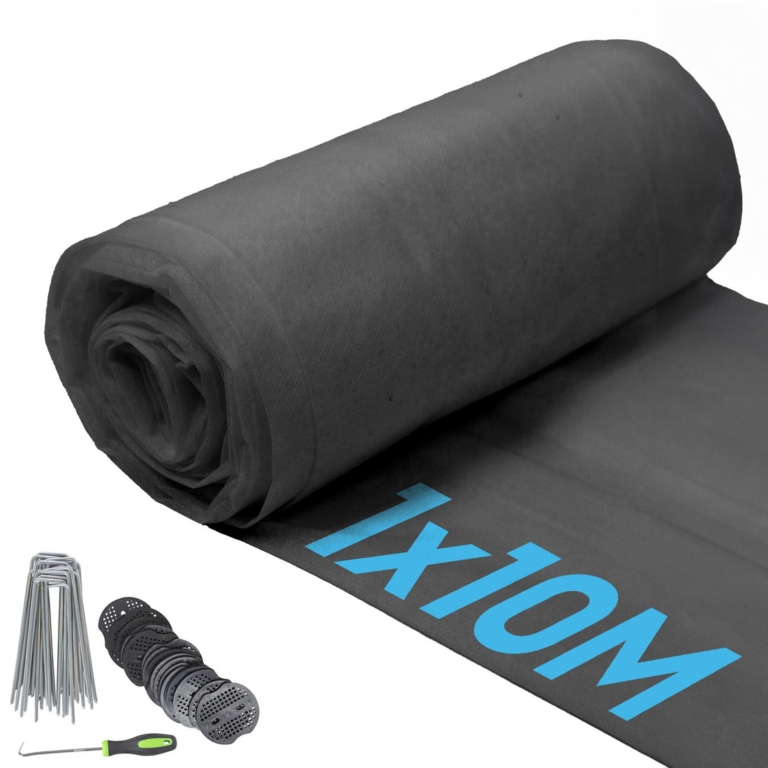 100gsm Weed Control Fabric with Pegs &amp; Plates - 1M x 10M (1 Roll)