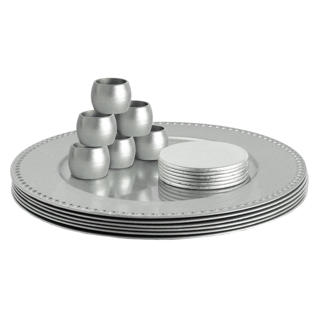 Silver 18-Piece 33cm Round Beaded Charger Plate, Coaster &amp; Napkin Ring Set