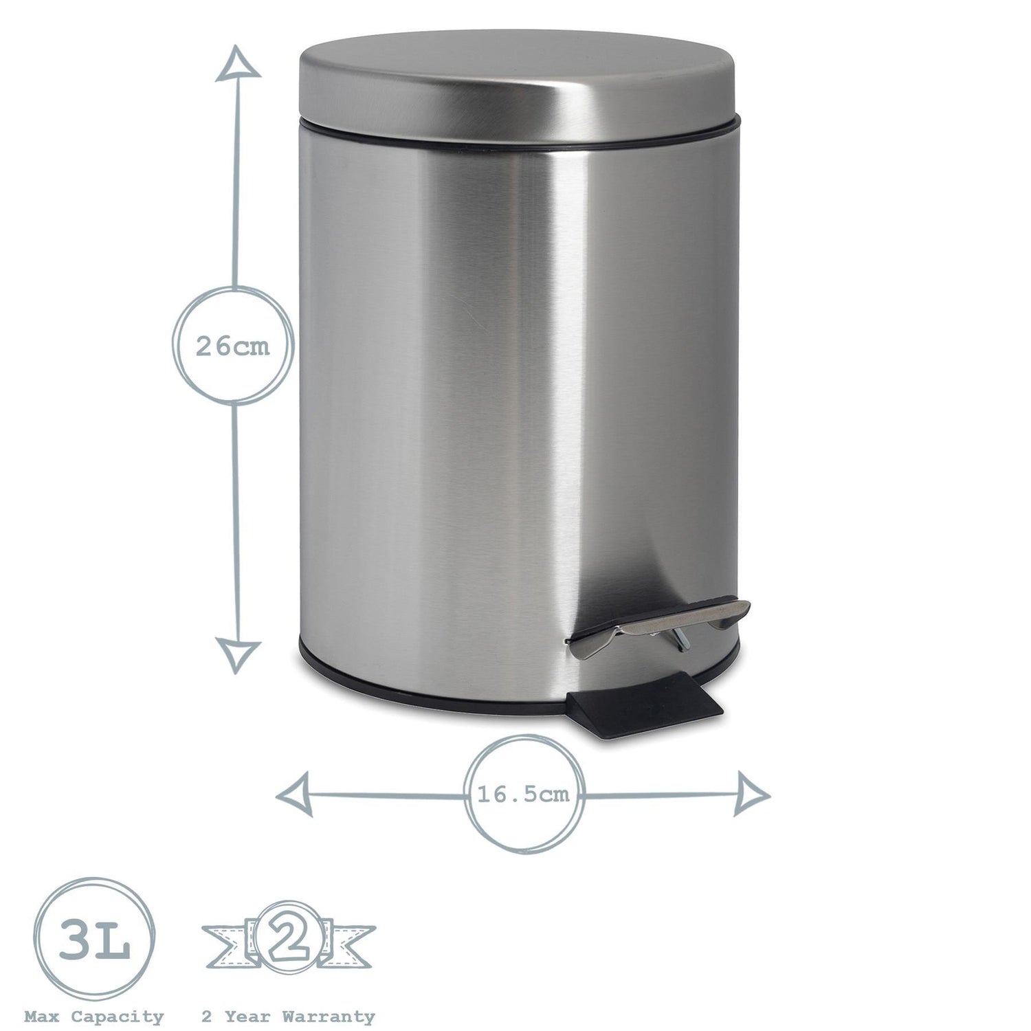 3L Round Brushed Stainless Steel Bathroom Pedal Bin