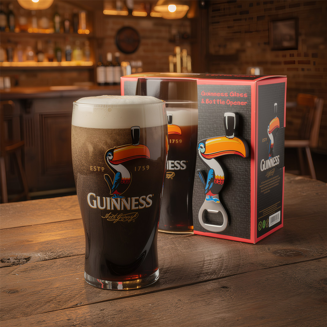 Guinness 2pc Toucan Pint Glass with Bottle Opener Set