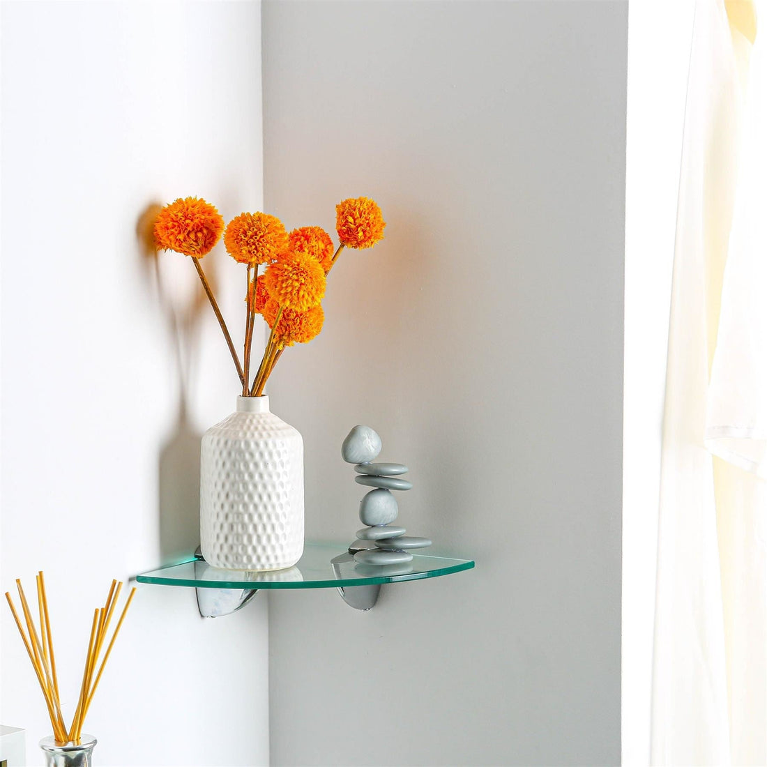 20cm Floating Glass Corner Shelf with Chrome Fixings