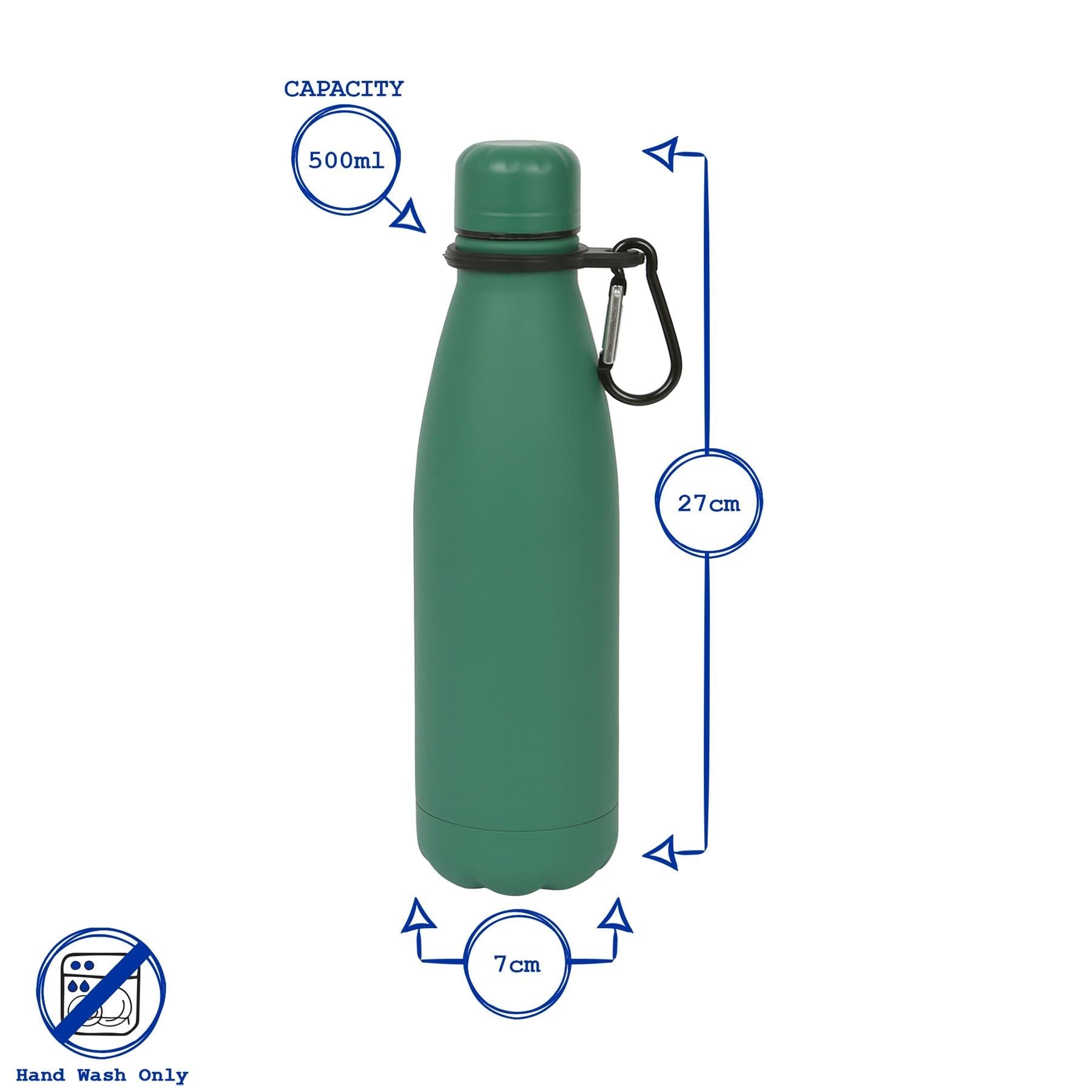500ml Green Stainless Steel Water Bottle with Carabiner Clip