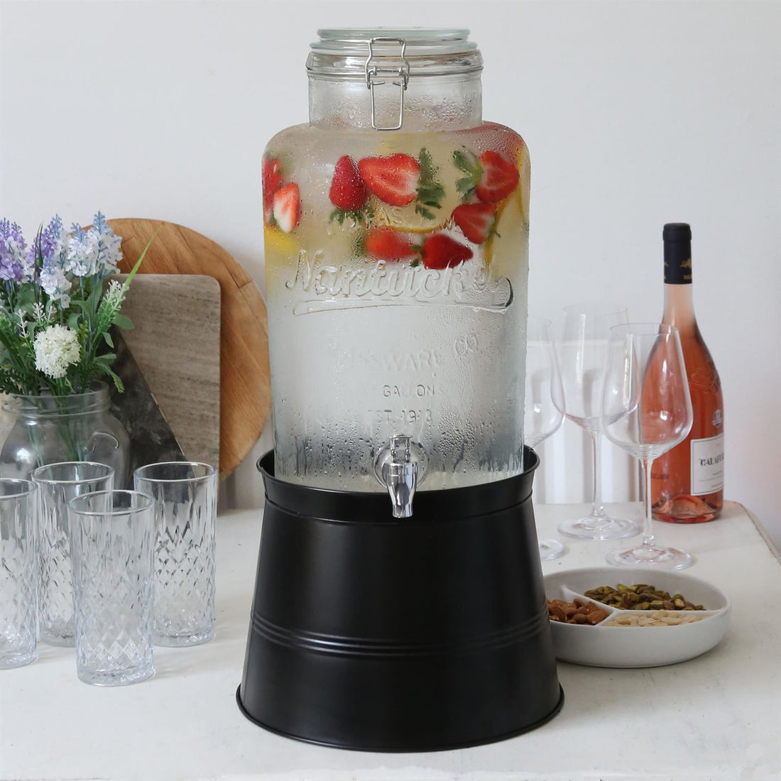 8.7L Glass Drinks Dispenser with Tap &amp; Black Bucket Stand