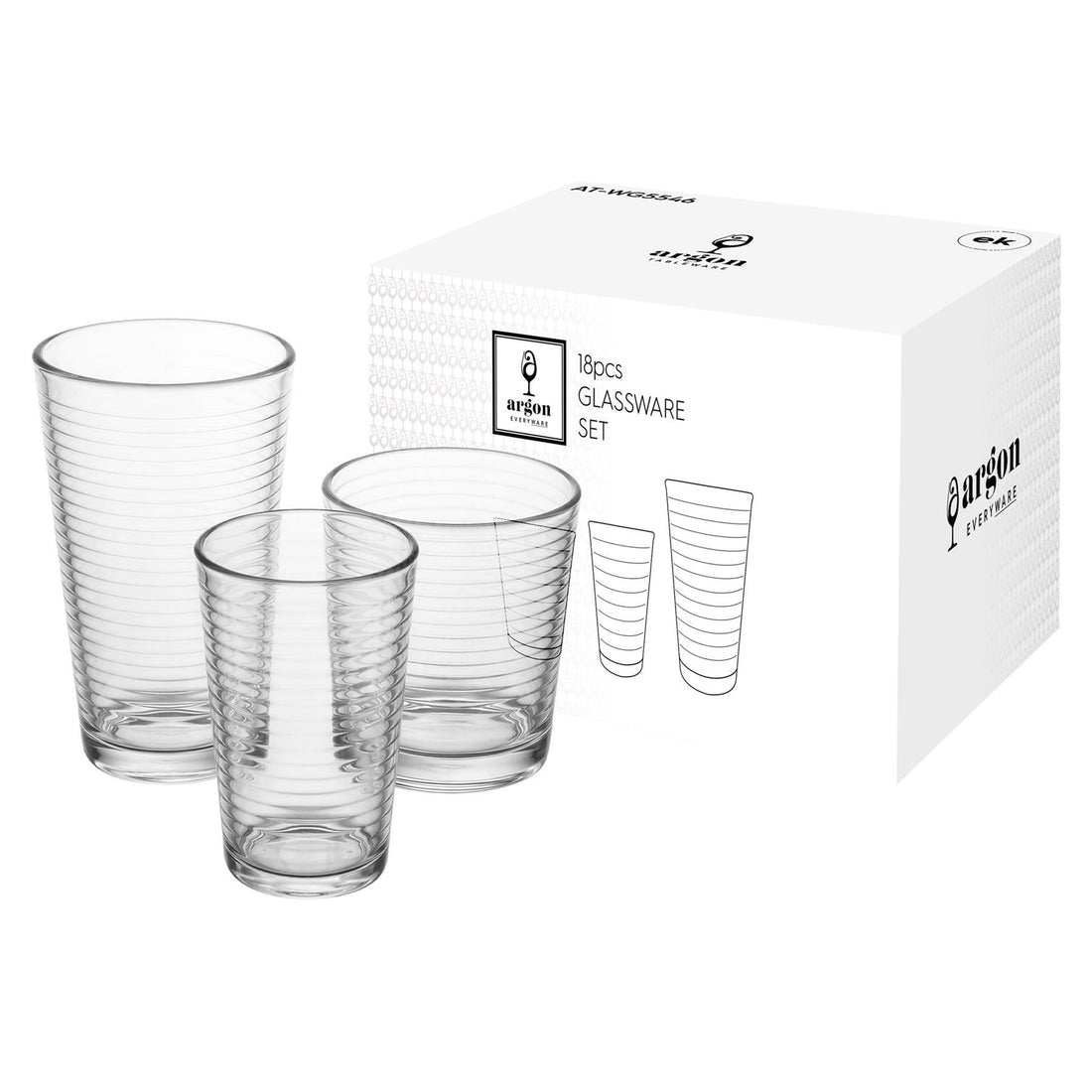 18 Piece Ribbed Glass Tumbler Set - 3 Sizes - Clear