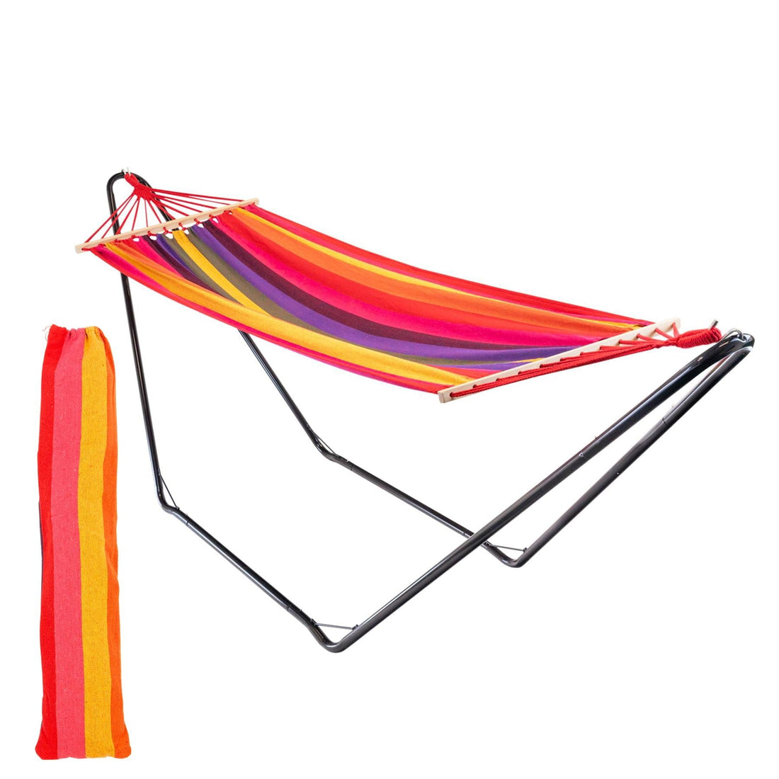 200cm x 80cm Deluxe Multicoloured Striped Cotton Garden Hammock with Metal Stand