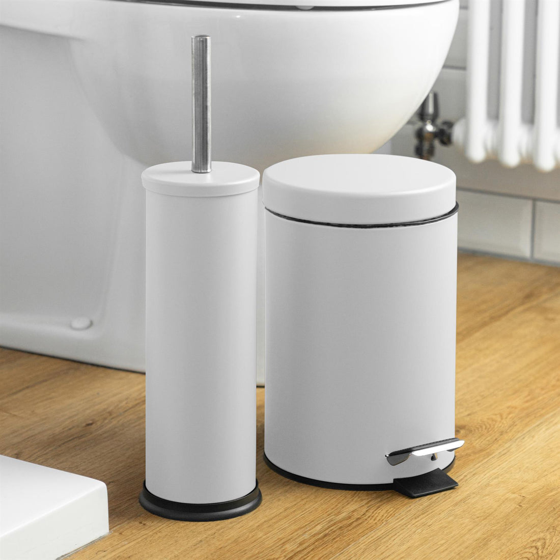 Matt White Round Stainless Steel Toilet Brush &amp; Bin Set