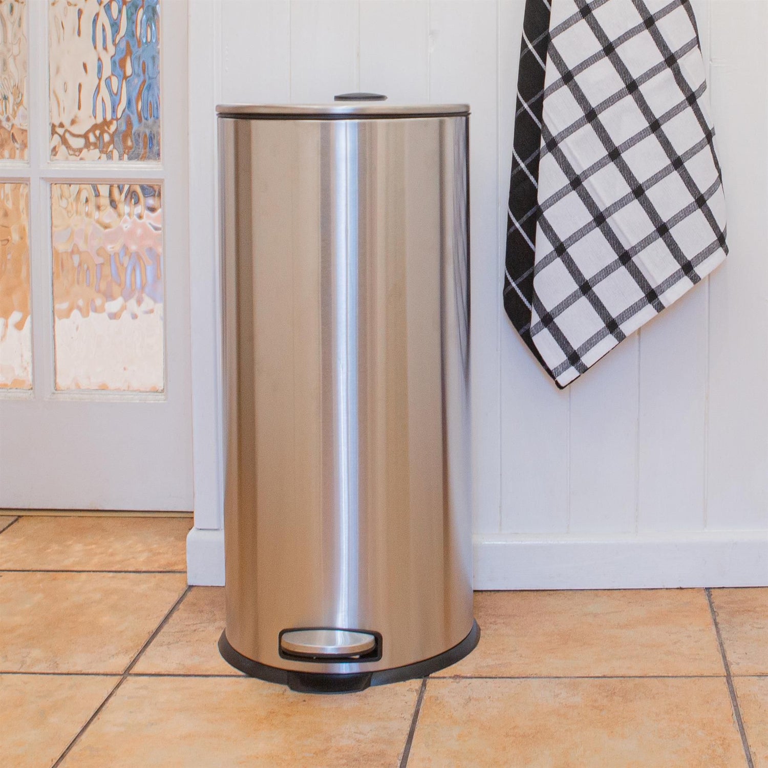 30L White Round Stainless Steel Kitchen Pedal Bin