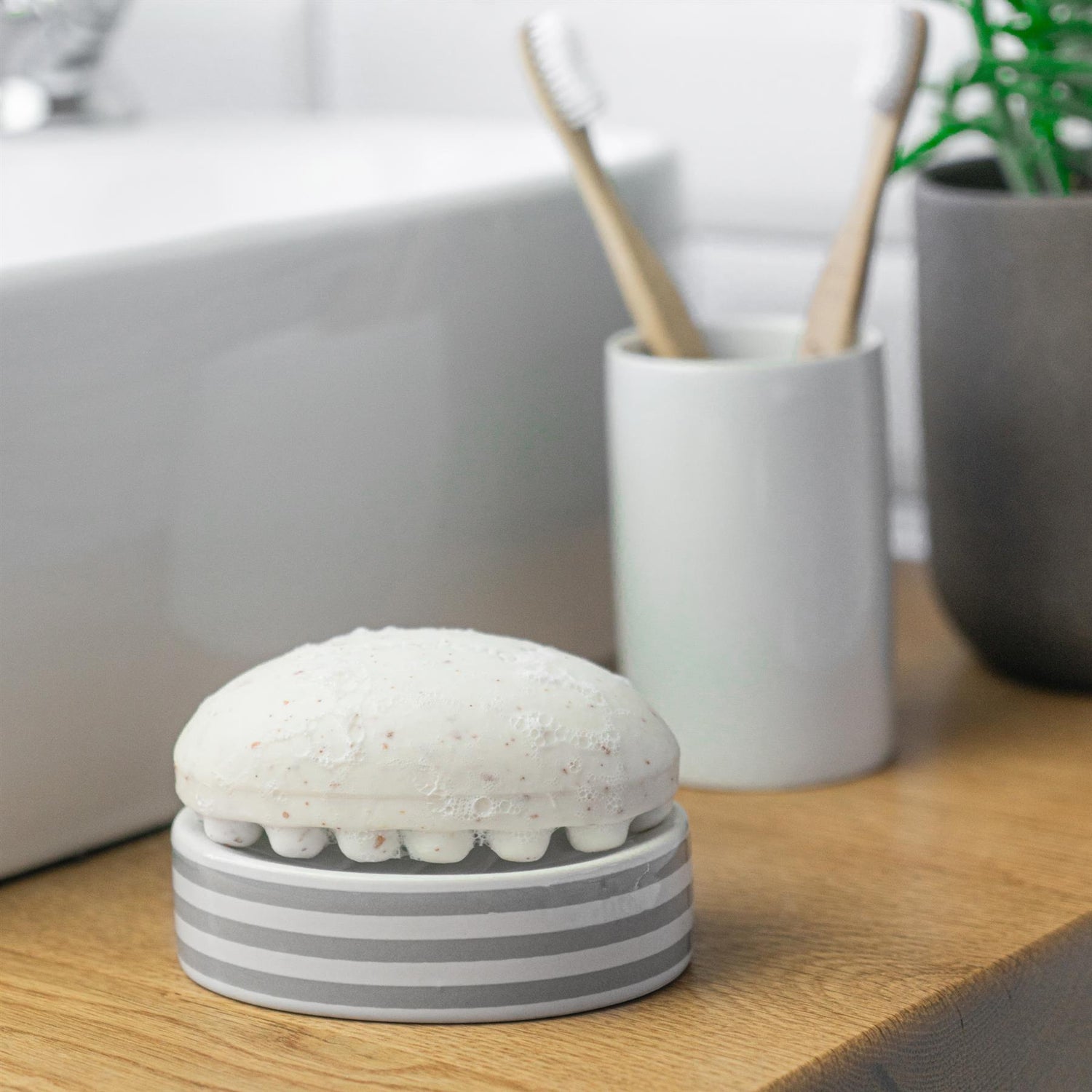 Grey Striped Ceramic Soap Dish