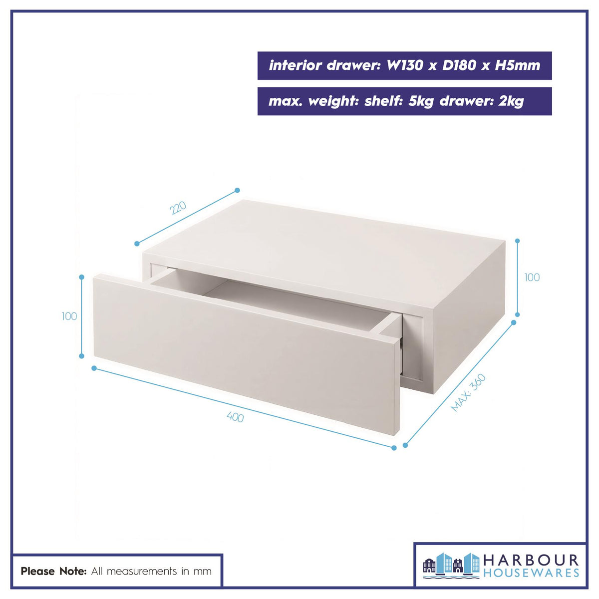 Wooden Floating Shelf with Drawer - 40cm - White
