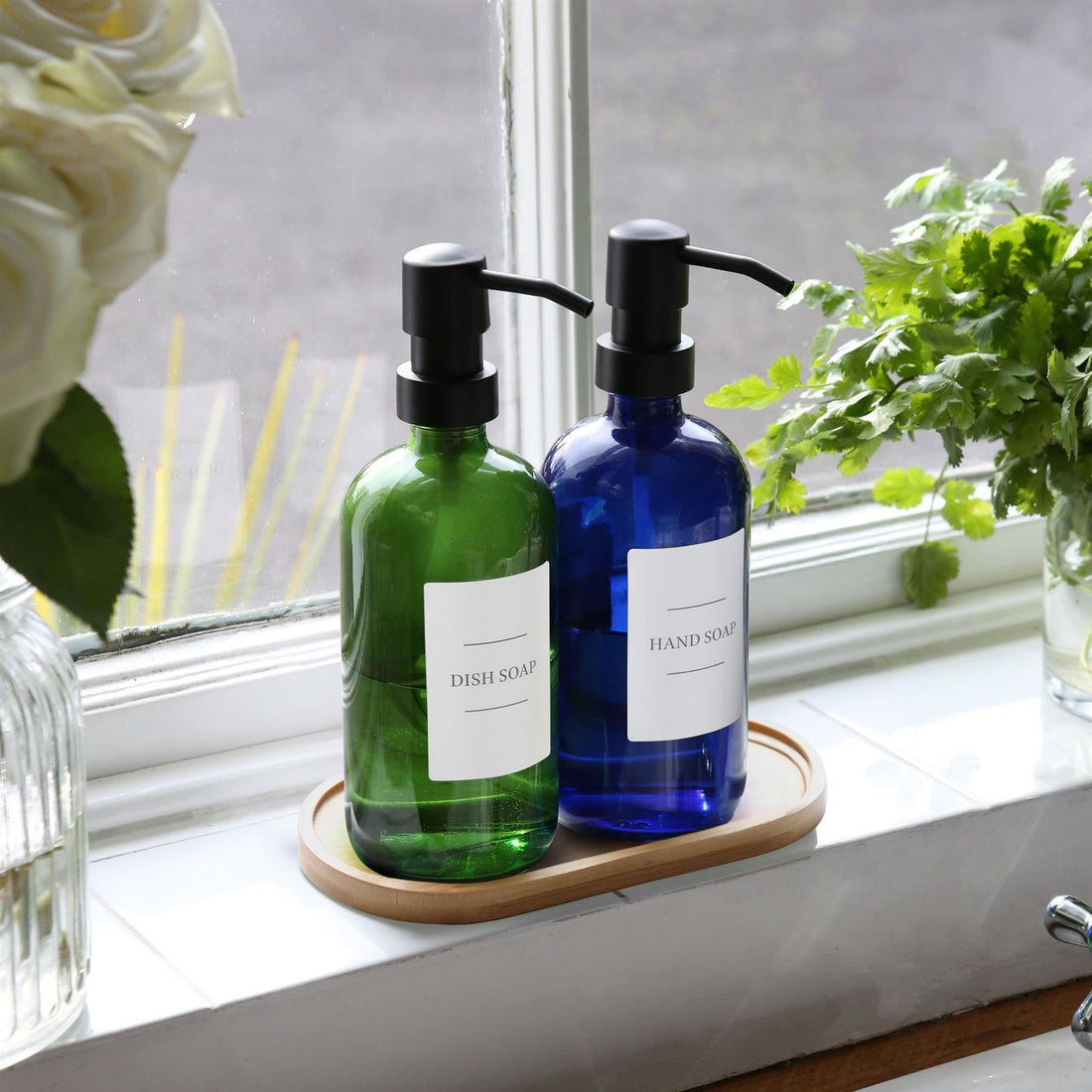 2pc 500ml Blue Glass Soap Dispenser with White Labels &amp; Bamboo Tray