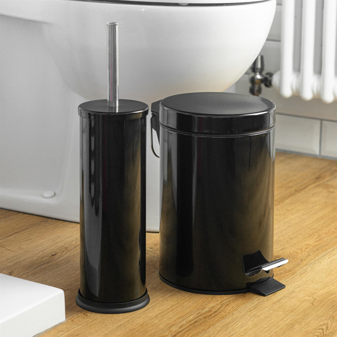 Black Round Stainless Steel Toilet Brush &amp; Bin Set