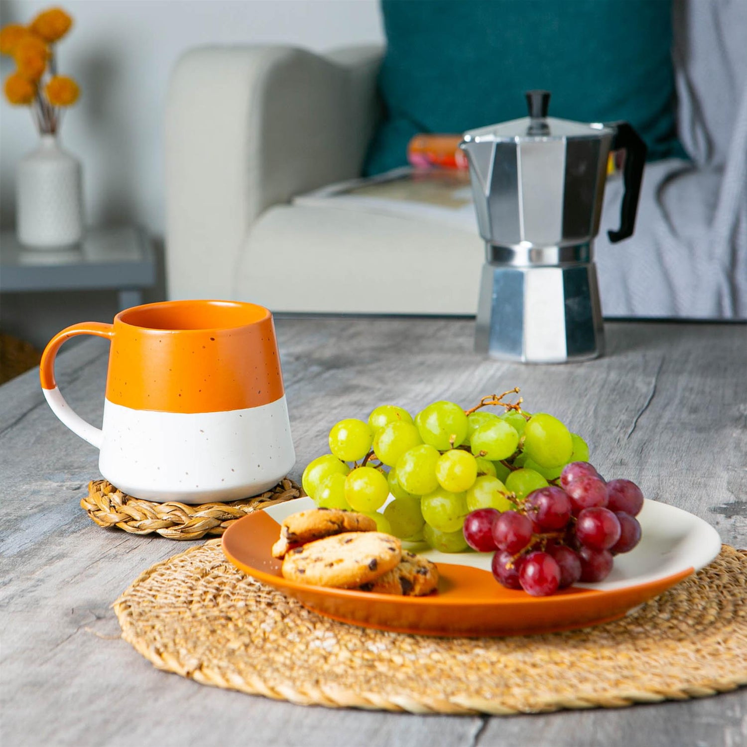 370ml Orange Colour Block Flecked Stoneware Belly Mugs - Pack of Four
