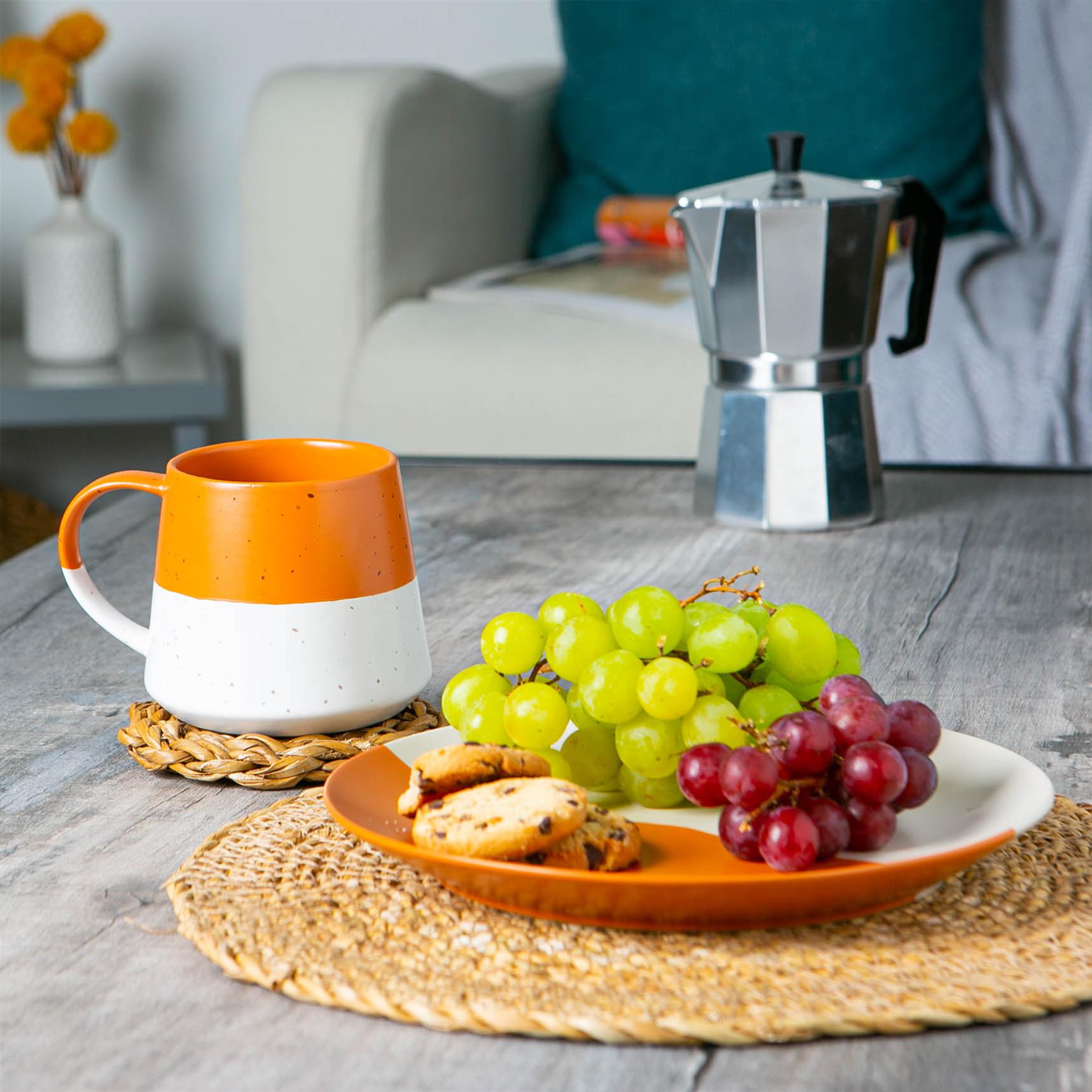 370ml Orange Colour Block Flecked Stoneware Belly Mugs - Pack of Four
