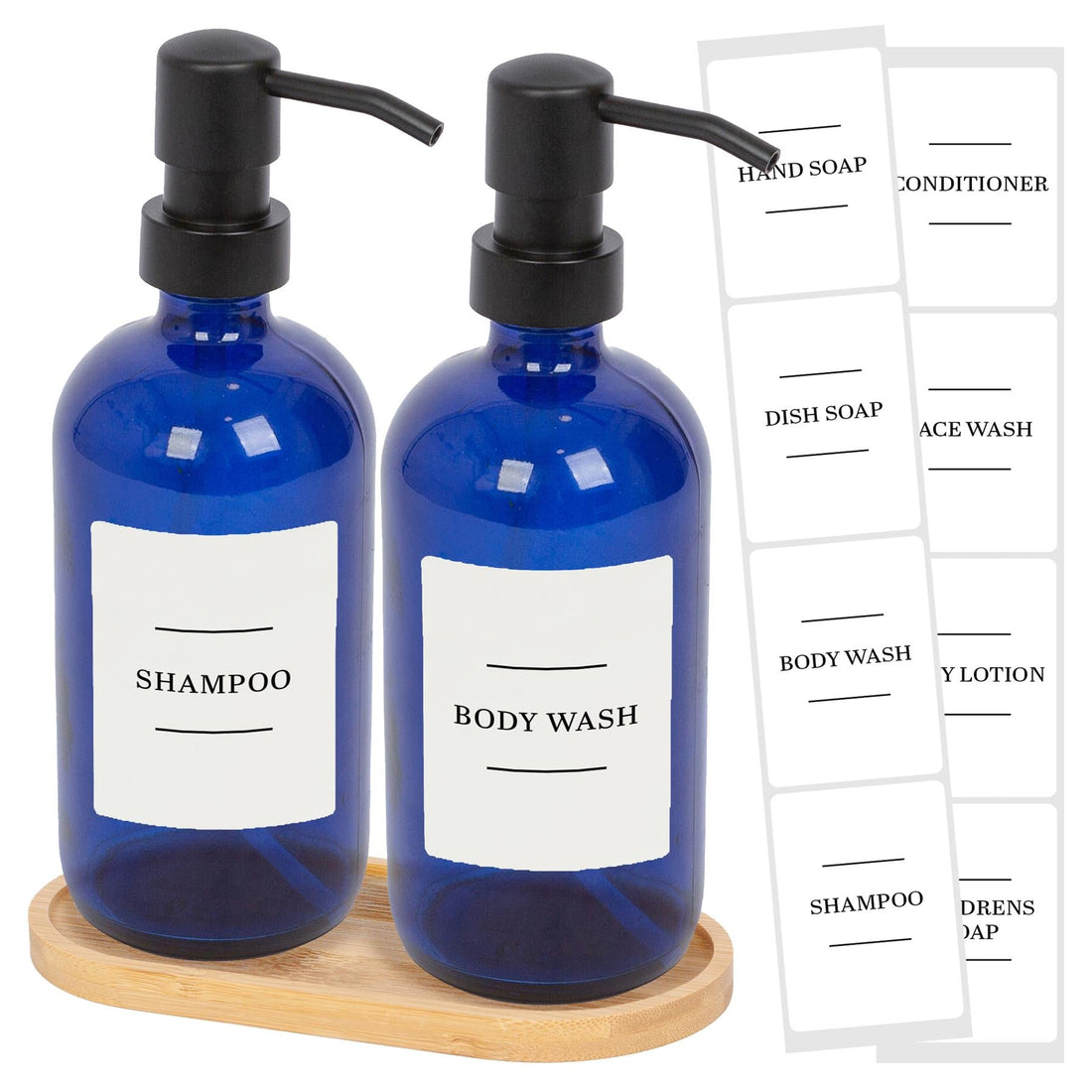 2pc 500ml Blue Glass Soap Dispenser with White Labels &amp; Bamboo Tray